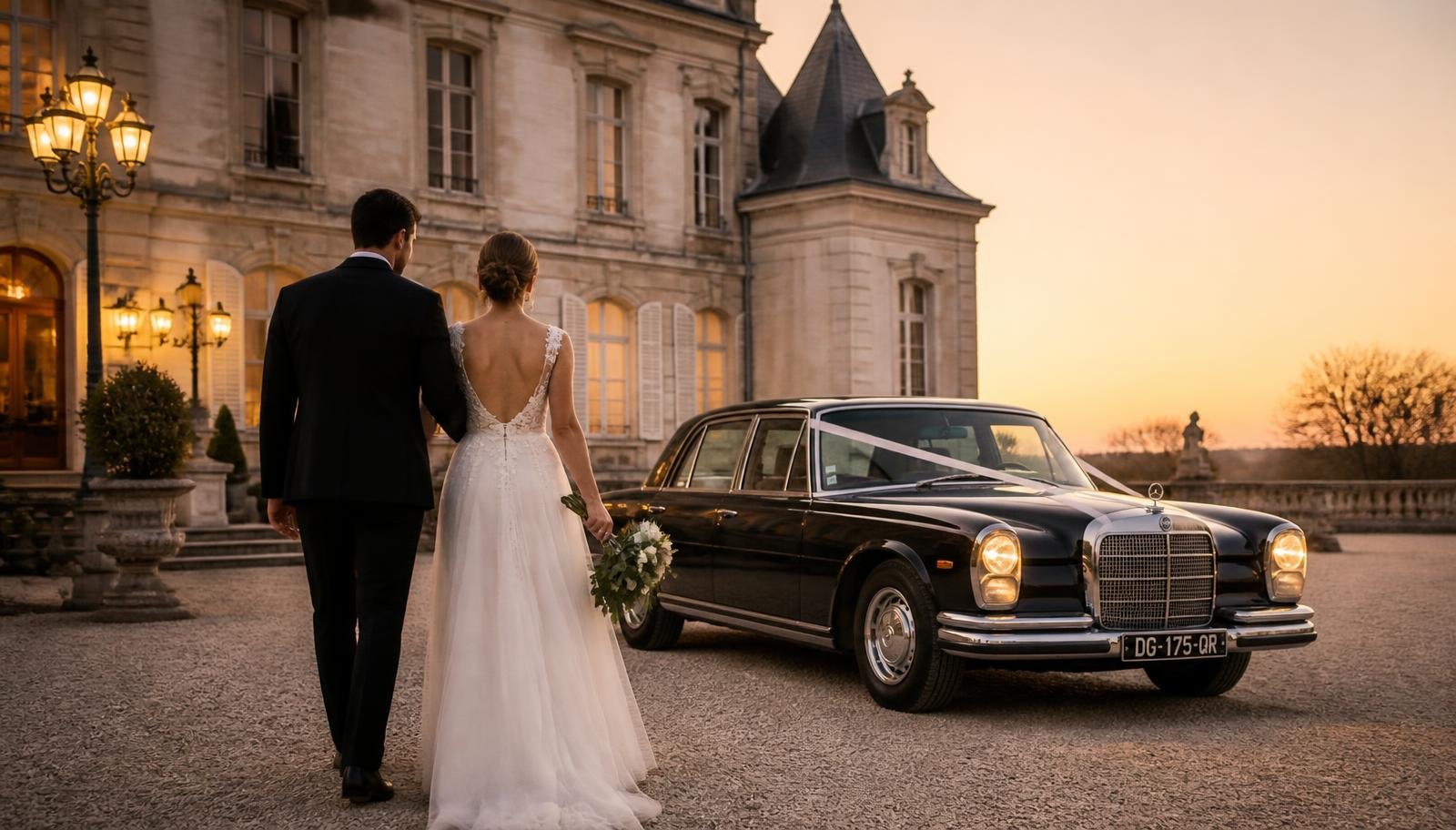 Couple de mariés devant une berline Mercedes MEXVTC à Lyon